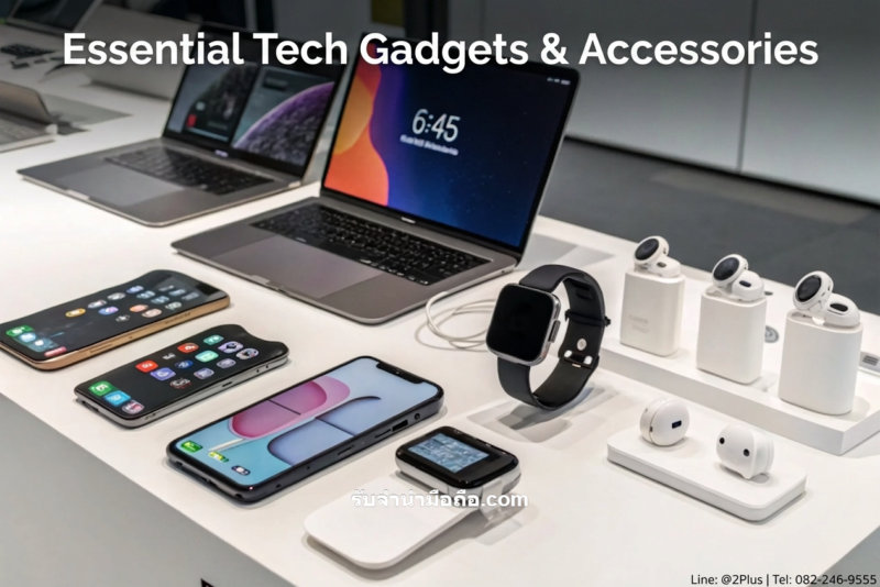 รับจำนำ Apple Watch แสดงอุปกรณ์ไอทีหลากหลายบนโต๊ะสาธิตบริการรับจำนำ